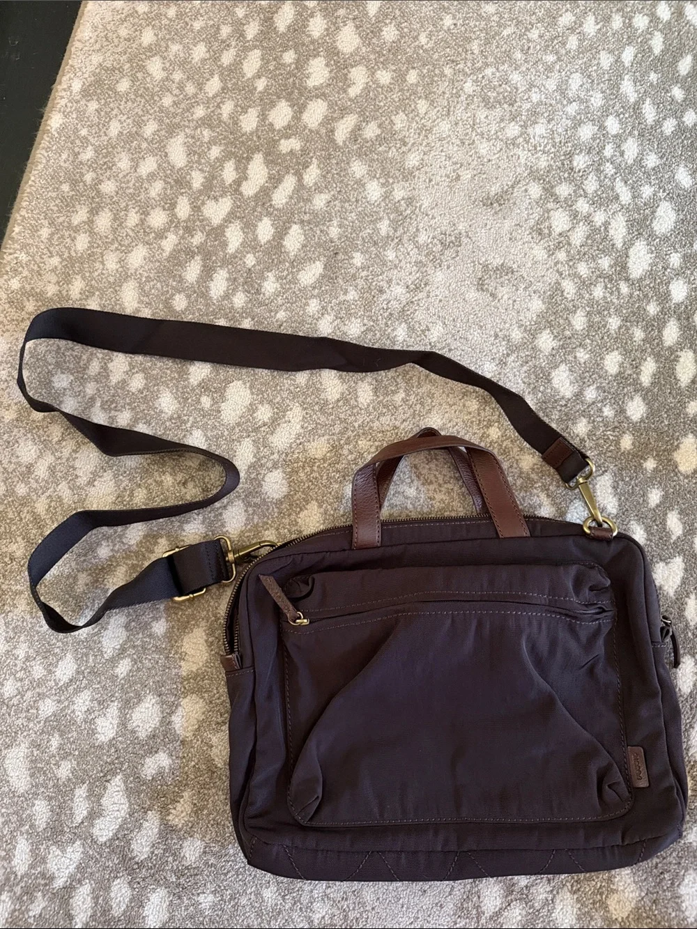 Fossil Mens  Brown Nylon Canvas Briefcase with Leather Handles and webbing strap